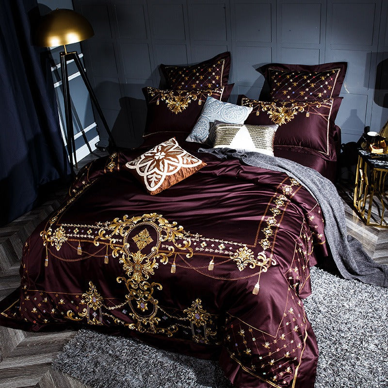 Zahira | Luxury Sangria Egyptian Cotton Bedding Set – Elegance with Golden Embroidery