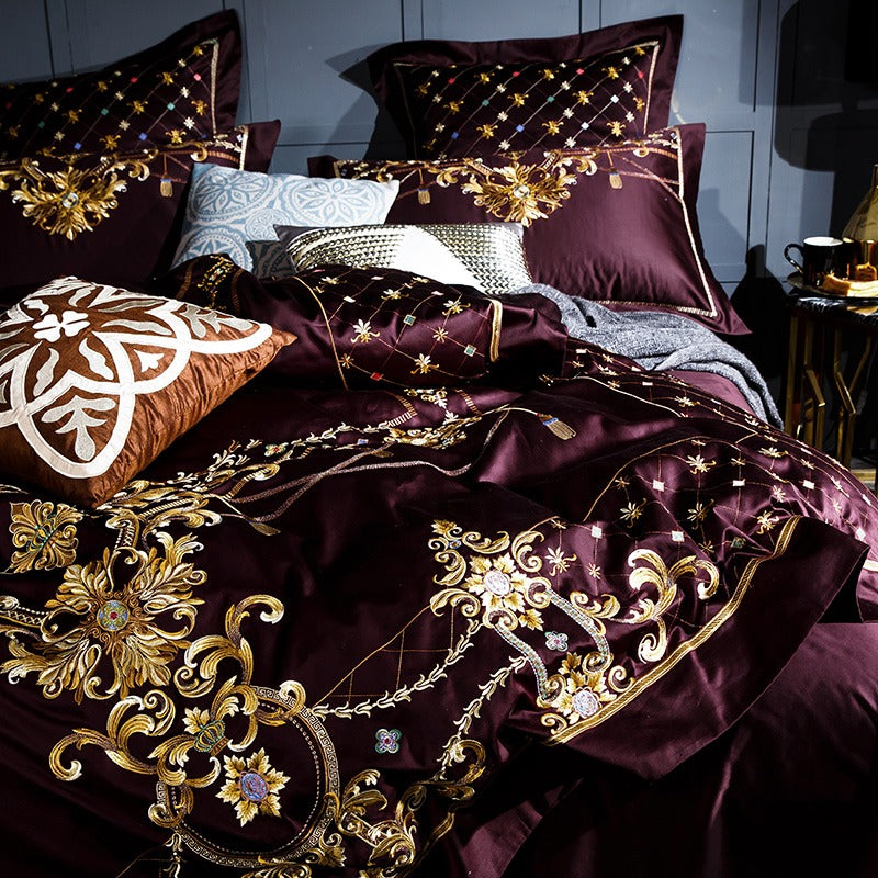 Zahira | Luxury Sangria Egyptian Cotton Bedding Set – Elegance with Golden Embroidery