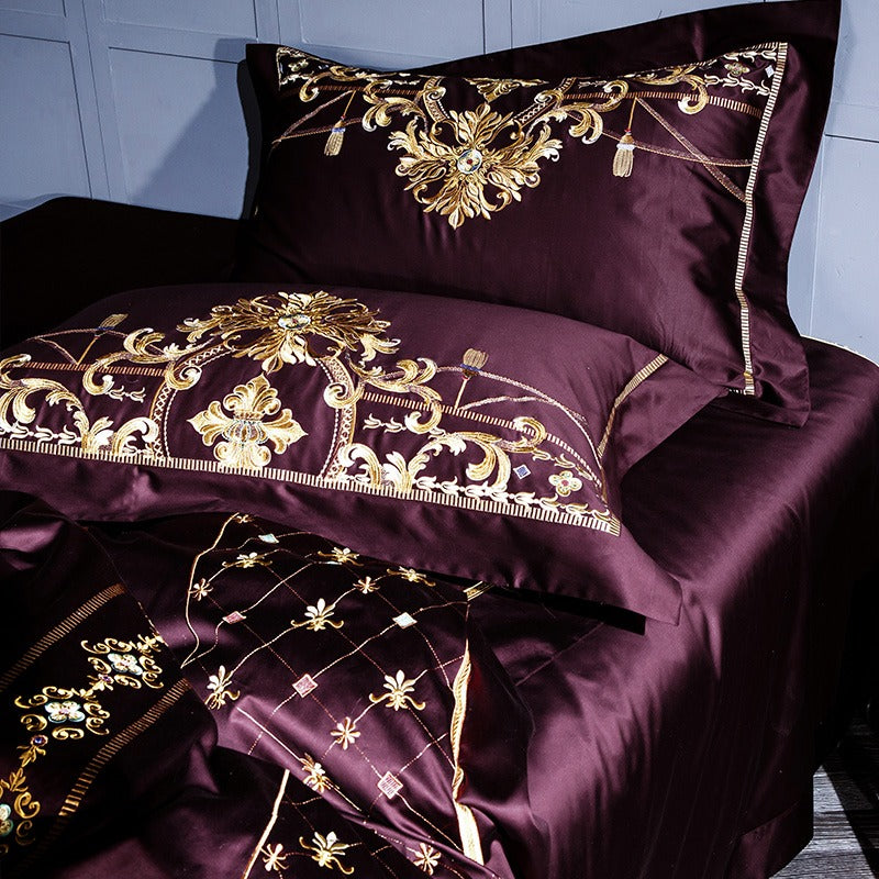Zahira | Luxury Sangria Egyptian Cotton Bedding Set – Elegance with Golden Embroidery