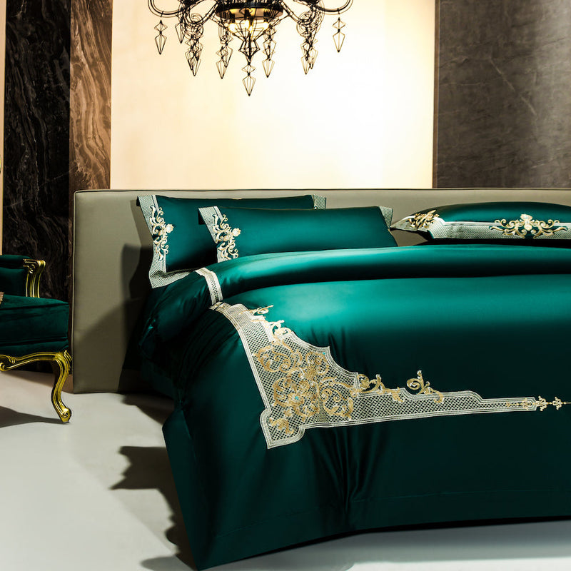 Layali | Emerald Green & Gold Jacquard Duvet Cover Set – Regal Luxury in Egyptian Cotton