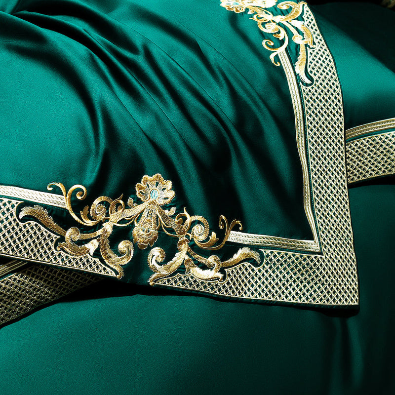Layali | Emerald Green & Gold Jacquard Duvet Cover Set – Regal Luxury in Egyptian Cotton