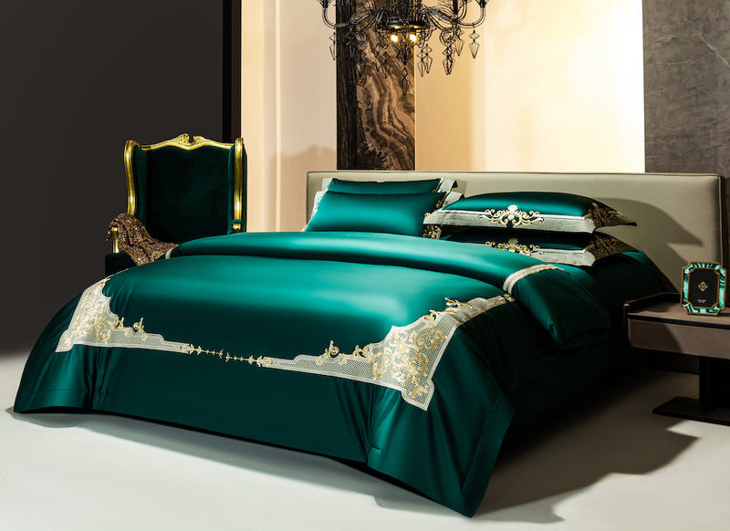 Layali | Emerald Green & Gold Jacquard Duvet Cover Set – Regal Luxury in Egyptian Cotton