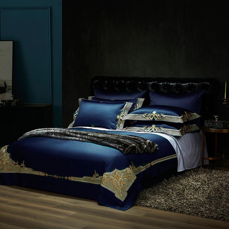 Azmira | Midnight Blue & Gold Jacquard Duvet Cover Set – Timeless Elegance in Egyptian Cotton
