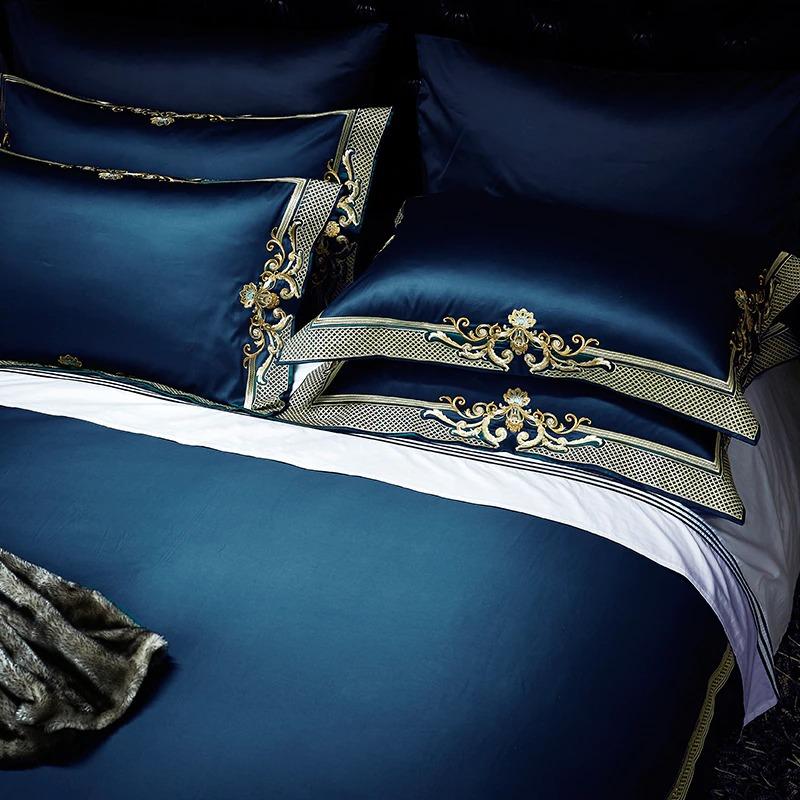 Azmira | Midnight Blue & Gold Jacquard Duvet Cover Set – Timeless Elegance in Egyptian Cotton