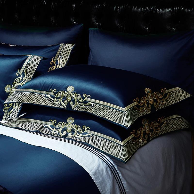 Azmira | Midnight Blue & Gold Jacquard Duvet Cover Set – Timeless Elegance in Egyptian Cotton