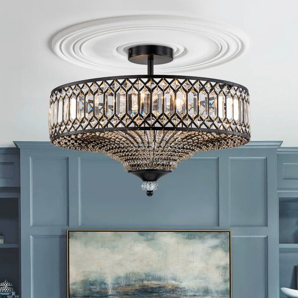 Ceiling Light Fixture Flush Mount Crystal Drum Design with Six Lights 2